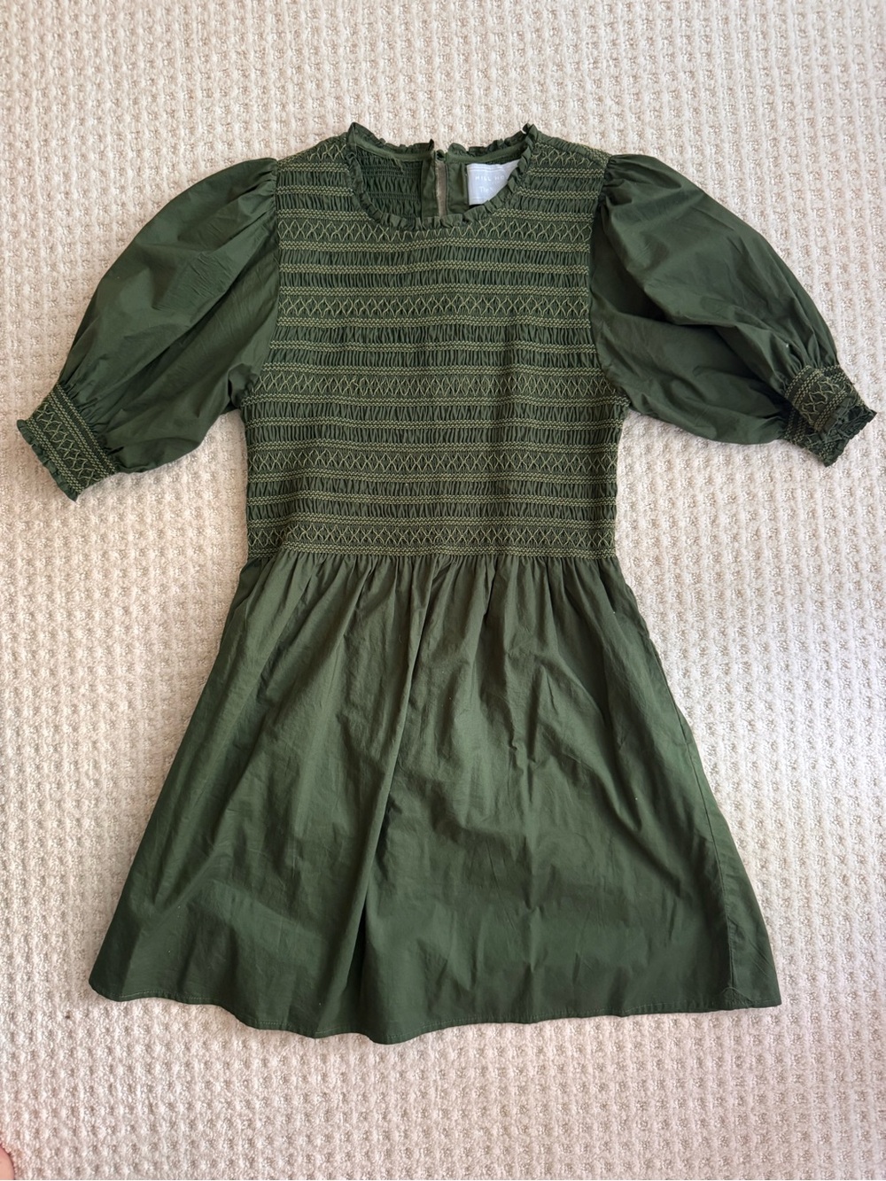 Hill House Athena Nap Dress Olive Green Smocked Puff-Sleeve Mini Dress
